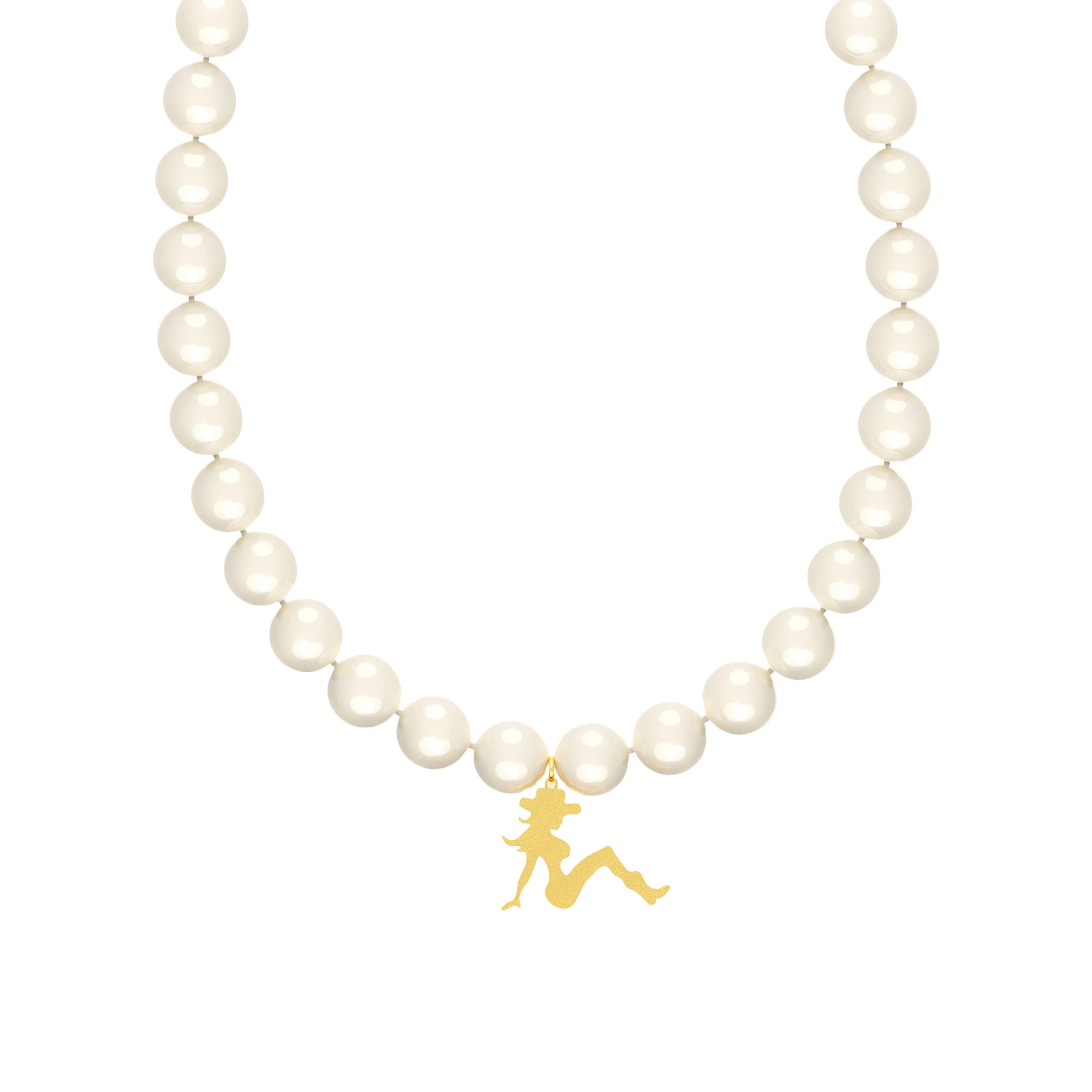 Pearl necklace with a gold charm on a white background
