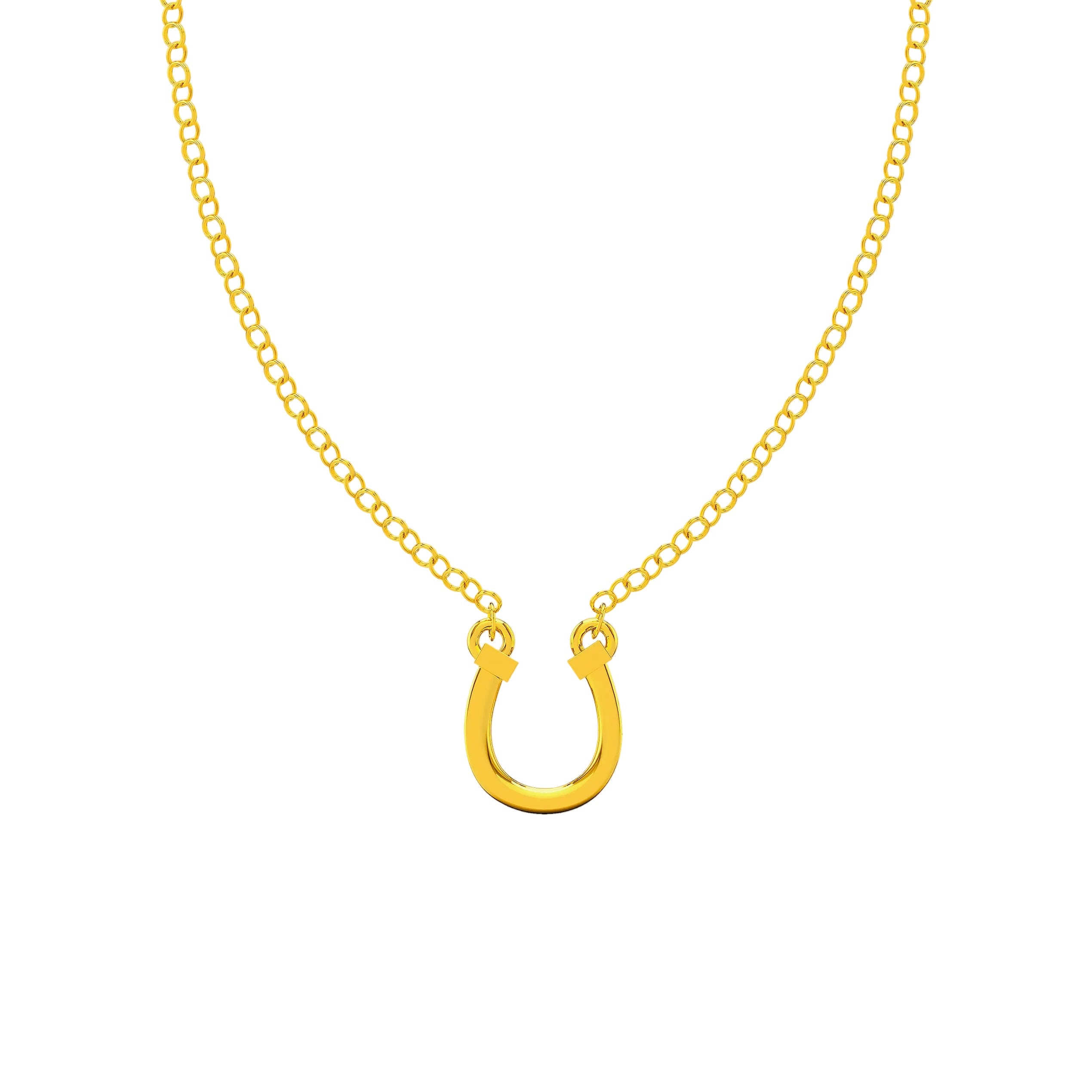 Gold horseshoe necklace on a white background