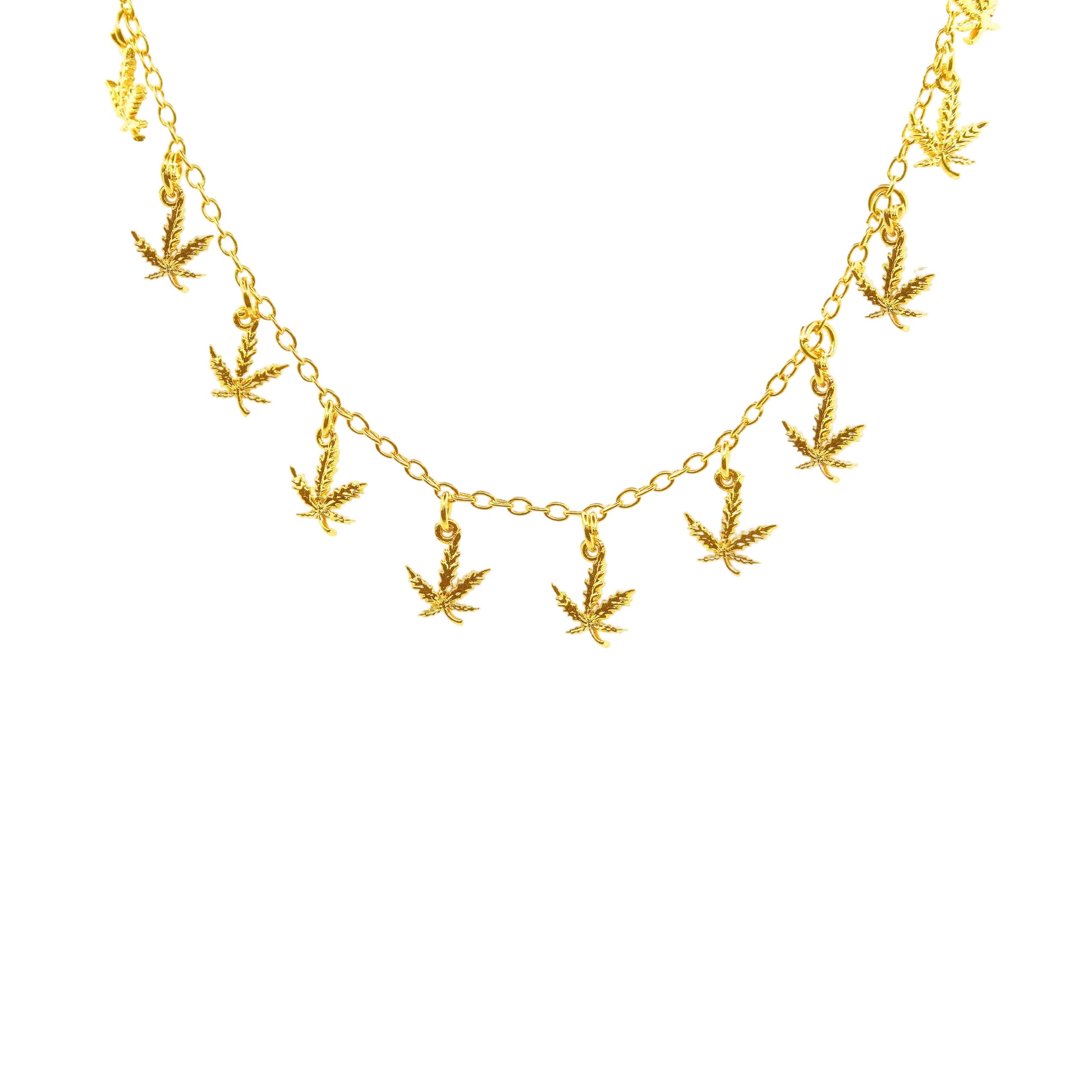 Gold necklace with leaf-shaped pendants on a white background