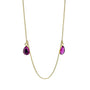 Gold necklace with two purple teardrop-shaped gemstones on a white background