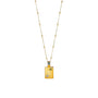 Gold necklace with a rectangular pendant on a white background