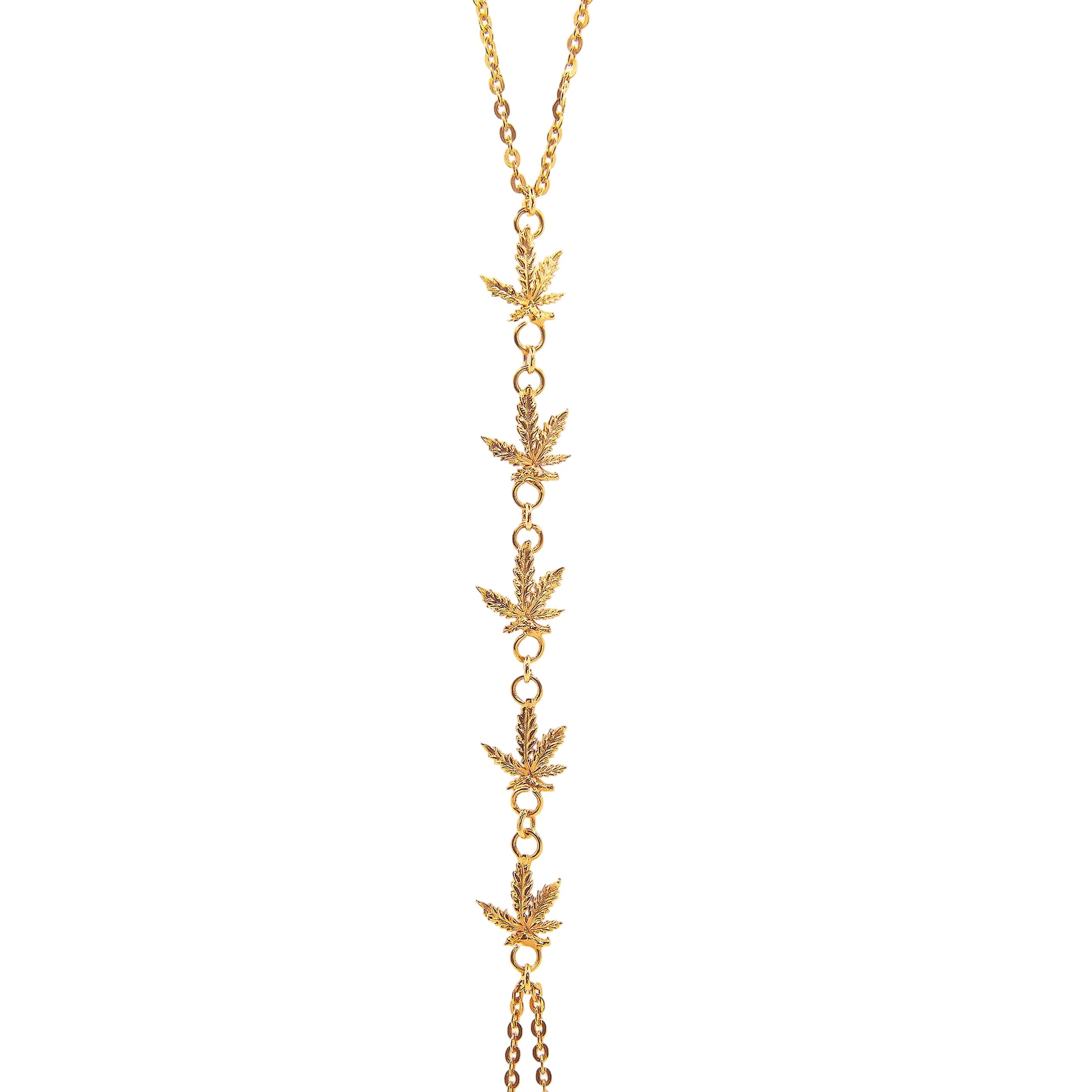 Gold necklace with leaf-like pendants on a white background