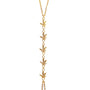 Gold necklace with leaf-like pendants on a white background