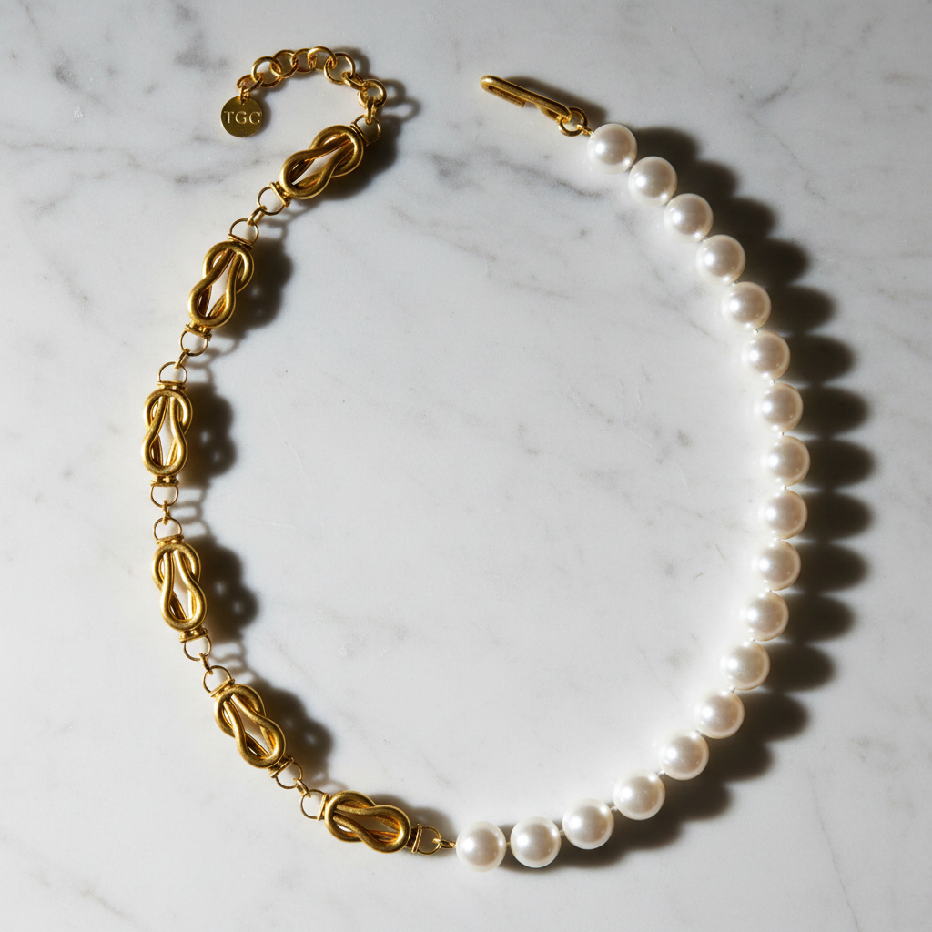 Gold and pearl necklace on a white background