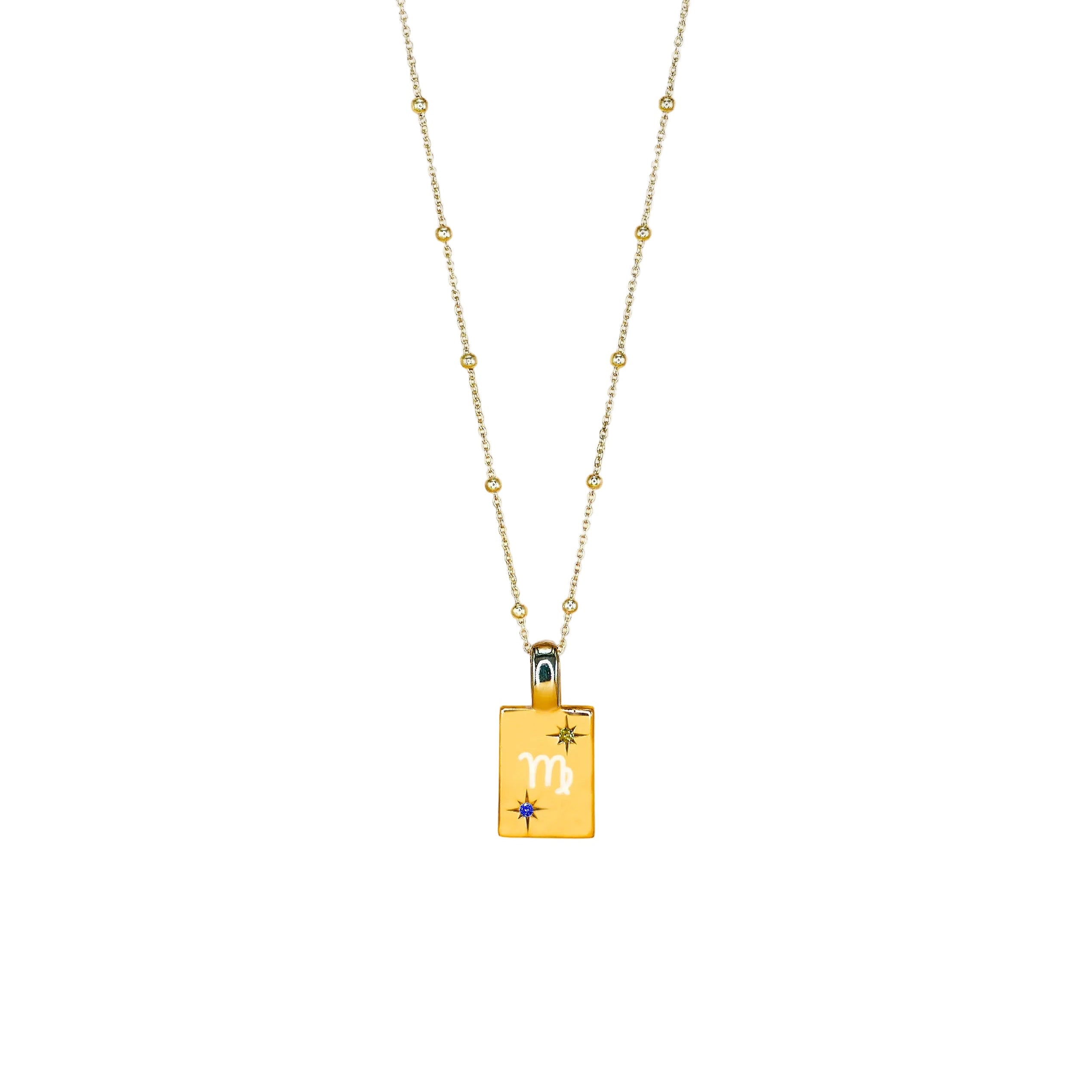 Gold necklace with a rectangular pendant on a white background